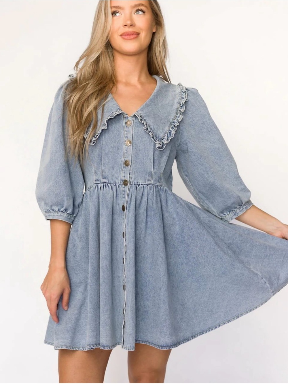 Worth Collective Mini Dress Medium Blue Denim Peter Pan Collar Button Front NWT - Picture 2 of 8